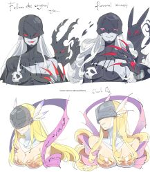 Rule 34 | 2girls, angel, angel and devil, angewomon, armor, black bodysuit, black mask, blonde hair, bodysuit, breastplate, breasts, cleavage, colored skin, covered collarbone, covered eyes, demon girl, digimon, digimon (creature), english text, eyelashes, fang, fangs, fingernails, grey skin, head wings, helmet, helmet over eyes, highres, ladydevimon, large breasts, long fingernails, long hair, multiple girls, multiple views, pink ribbon, print bodysuit, red eyes, ribbon, skull print, smile, stitches, torn bodysuit, torn clothes, upper body, white hair, wings, zocehuy