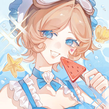 Rule 34 | 1girl, bare shoulders, blonde hair, blue background, blue bonnet, blue choker, blue eyes, blue nails, blue shirt, bonnet, breasts, choker, cleavage, commentary, facial mark, fang, food, frilled bonnet, frills, goggles, goggles on head, hair intakes, hand up, heart, heart facial mark, highres, holding, holding food, holding popsicle, identity v, looking at viewer, mark under eye, newmanlincoln2, parted hair, popsicle, portrait, seashell, shell, shirt, short hair, skin fang, smile, solo, sparkle, starfish, tracy reznik, tracy reznik (re-swim), watermelon bar
