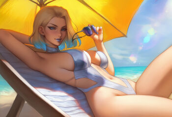 1girl alternate_costume beach beach_umbrella blonde_hair blue_eyes blue_lips blue_sky breasts chair colored_tips day deck_chair emma_frost folding_chair large_breasts looking_at_viewer marvel marvel_rivals multicolored_hair navel one-piece_swimsuit orange_umbrella outdoors selethahartz short_hair sky solo swimsuit umbrella white_one-piece_swimsuit
