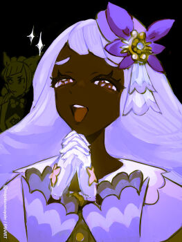 2girls :d brown_eyes commentary dark-skinned_female dark_skin eyelashes gloves hair_ornament half-closed_eyes hands_up happy highres interlocked_fingers jacinthe_(pokemon) lebanne_(pokemon) long_sleeves looking_up mayotsunamayo multiple_girls nintendo open_mouth own_hands_together pokemon pokemon_legends:_z-a smile sparkle teeth tongue twitter_username upper_teeth_only watermark