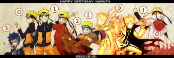 10s 2012 black_hair black_sclera blonde_hair blue_eyes cape colored_sclera dark_persona dated forehead_protector grin happy_birthday highres horizontal_pupils long_image male_focus multiple_persona naruto:_road_to_ninja naruto_(series) naruto_shippuuden smile uzumaki_menma uzumaki_naruto uzumaki_naruto_(kyuubi_chakra_mode) uzumaki_naruto_(sennin_mode) v wide_image yellow_eyes yosakuh