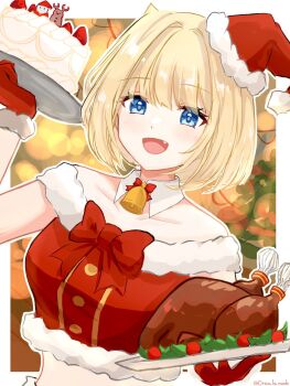 1girl bell blonde_hair blue_eyes blurry blurry_background breasts brown_dust_(series) brown_dust_2 cake christmas demon_horns dress eyebrows_hidden_by_hair fang food gloves highres holding holding_tray horns justia_(brown_dust) looking_at_viewer medium_breasts neck_bell open_mouth orcalamode red_dress red_gloves santa_costume santa_dress short_hair small_horns smile solo tray turkey_(food)