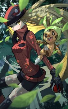1girl absurdres belt black_gloves black_shorts black_thighhighs blonde_hair breasts chespin commentary_request gen_6_pokemon gloves hat hello_planet_(vocaloid) highres leaf long_hair nintendo open_mouth outdoors poke_ball poke_ball_(basic) pokemon pokemon_(creature) pokemon_ranger_(pokemon) pokemon_x_and_y red_belt red_hat red_sweater shorts smile sweater thighhighs wema7_(emana_03) yellow_eyes