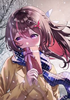 1girl absurdres azki_(hololive) bare_tree blue_scarf blush box braid brown_coat brown_hair coat colored_inner_hair commentary_request covered_mouth dated double-parted_bangs english_text gift gift_box hair_between_eyes hair_ornament highres holding holding_box holding_gift hololive kazunoe long_hair long_sleeves looking_to_the_side multicolored_hair outdoors pink_hair pink_streaks plaid_clothes plaid_scarf purple_eyes purple_streaks scarf signature sleeves_past_wrists snow snow_on_tree snowing solo streaked_hair tree upper_body valentine virtual_youtuber winter winter_clothes