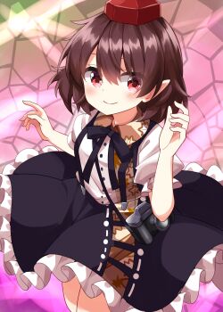 1girl black_ribbon black_skirt blush brown_hair camera closed_mouth collared_shirt commentary_request cowboy_shot frilled_skirt frills hair_between_eyes hands_up hat highres looking_at_viewer neck_ribbon puffy_short_sleeves puffy_sleeves red_eyes ribbon ruu_(tksymkw) shameimaru_aya shirt short_hair short_sleeves skirt smile solo suspender_skirt suspenders tokin_hat touhou white_shirt