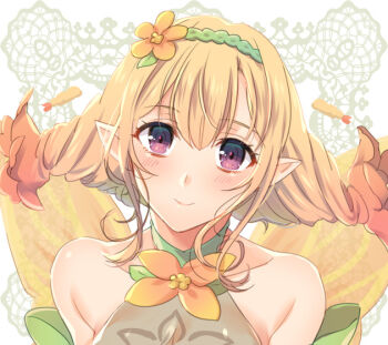 1girl awayuki_ramika bare_shoulders blonde_hair butterfly_wings commentary_request fairy_wings fire_emblem fire_emblem_heroes hair_between_eyes hair_vines insect_wings looking_at_viewer nintendo peony_(fire_emblem) plant_hair pointy_ears purple_eyes sidelocks smile solo wings