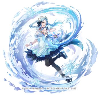 Rule 34 | 1girl, aqua eyes, attack, bare shoulders, black feathers, black pantyhose, blue eyes, breasts, cleavage, dress, feather trim, feathers, fire emblem, fire emblem fates, fire emblem heroes, flora (fire emblem), flora (ice) (fire emblem), frost, ice, ice skates, kyusoukyu, medium breasts, nintendo, official alternate costume, official art, pantyhose, skates, solo, twintails, v-shaped eyebrows, white background, white dress
