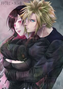 1boy 1girl 2b_(nier:automata) 2b_(nier:automata)_(cosplay) 9s_(nier:automata) 9s_(nier:automata)_(cosplay) arm_under_breasts black_choker black_dress black_gloves black_hair black_jacket blonde_hair blue_eyes blush breasts choker cleavage cleavage_cutout closed_mouth clothing_cutout cloud_strife cloud_strife_(scanner_ensemble) commentary_request company_connection cosplay couple dress earrings final_fantasy final_fantasy_vii final_fantasy_vii:_ever_crisis gloves hair_between_eyes heads_together hetero highres hug hug_from_behind jacket jewelry juliet_sleeves large_breasts lipgloss lips long_hair long_sleeves multicolored_hair nier:automata nier_(series) official_alternate_costume parted_lips pink_lips puffy_sleeves rain1217love red_eyes red_hair short_hair single_sidelock spiked_hair stud_earrings tifa_lockhart tifa_lockhart_(battler_ensemble) turtleneck turtleneck_dress two-tone_hair upper_body