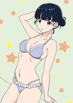 1girl absurdres aki_(pixiv_34646268) basori_tiara bikini black_hair blue_bikini breasts commentary_request cowboy_shot frilled_bikini frills grey_background grey_eyes hair_bun highres make_heroine_ga_oo_sugiru! medium_breasts navel short_hair solo star_(symbol) star_symbol_background swimsuit
