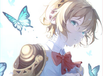 1girl absurdres aigis_(persona) android aqua_eyes blonde_hair blue_butterfly bow bug butterfly commentary crying crying_with_eyes_open double-parted_bangs english_commentary from_side gekkoukan_high_school_uniform gold_hairband hairband highres insect linfeyy looking_at_viewer mechanical_arms parted_lips persona persona_3 red_bow robot_ears school_uniform shirt short_hair signature solo tears white_background white_shirt