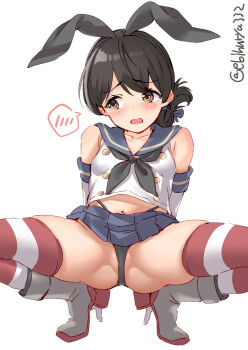 Rule 34 | 1girl, arms behind back, ass, bare shoulders, black hair, black neckerchief, black panties, blue sailor collar, blue skirt, blush, brown eyes, collarbone, commentary request, cosplay, crop top, ebifurya, elbow gloves, female focus, full body, gloves, hair between eyes, hair ornament, hairband, highleg, highleg panties, highres, kantai collection, kasuga maru (kancolle), looking at viewer, microskirt, miniskirt, navel, neckerchief, open mouth, panties, partially visible vulva, pleated skirt, revision, sailor collar, school uniform, serafuku, shimakaze (kancolle), shimakaze (kancolle) (cosplay), short hair, simple background, skindentation, skirt, sleeveless, solo, spoken blush, spread legs, striped clothes, striped thighhighs, taiyou (kancolle), tearing up, thighhighs, twitter username, underwear, white background, white gloves