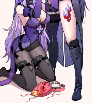 Rule 34 | 1futa, 1girl, absurdres, acheron (honkai: star rail), ankie (ankys ), artist name, asymmetrical legwear, black swan (honkai: star rail), boots, breasts, chocolate, cleavage, cum, cum on body, cum on food, cum on upper body, detached sleeves, dress, futa with female, futanari, happy valentine, headdress, heart, highres, honkai: star rail, honkai (series), implied fellatio, implied futanari, kneehighs, kneeling, large breasts, leg tattoo, long hair, pantyhose, purple dress, purple hair, sexually suggestive, socks, suggestive fluid, tattoo, thigh boots, thigh strap, uneven legwear, valentine
