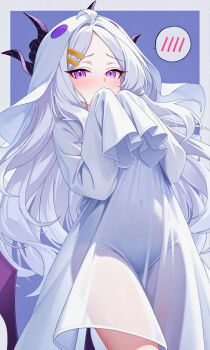 1girl absurdres ahoge blue_archive blue_background blush commentary_request covered_navel demon_girl demon_horns demon_wings ghost_costume hair_ornament hairclip highres hina_(blue_archive) horns karaage_(xxxmido02) long_hair long_sleeves looking_at_viewer low_wings parallel_hairclips parted_bangs partial_commentary purple_eyes purple_horns purple_wings simple_background sleeves_past_fingers sleeves_past_wrists solo speech_bubble spoken_blush standing very_long_hair white_hair wings