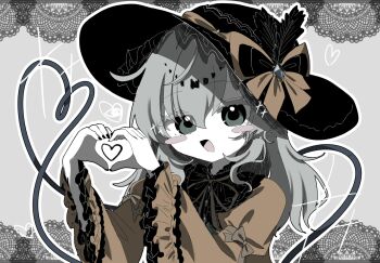 1girl black_bow black_hat bow buttons commentary_request diamond_button frilled_hat frilled_shirt_collar frilled_sleeves frills green_eyes green_skirt grey_hair hat hat_bow hat_ribbon heart heart_hands heart_in_heart_hands heart_of_string highres komeiji_koishi puffy_sleeves ribbon shirt skirt smile touhou tya_514 wide_sleeves yellow_bow yellow_ribbon yellow_shirt