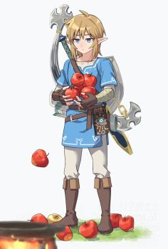 1boy apple belt blonde_hair blue_eyes blue_tunic boots bow_(weapon) brown_belt brown_boots brown_gloves champion&#039;s_tunic_(zelda) closed_mouth commentary_request fingerless_gloves fold-over_boots food fruit full_body gloves golden_apple highres holding holding_food holding_fruit layered_sleeves link long_sleeves male_focus nintendo pants pointy_ears sheikah_slate shinae short_over_long_sleeves short_sleeves sidelocks solo standing sword sword_on_back the_legend_of_zelda the_legend_of_zelda:_breath_of_the_wild tunic weapon weapon_on_back white_background white_pants
