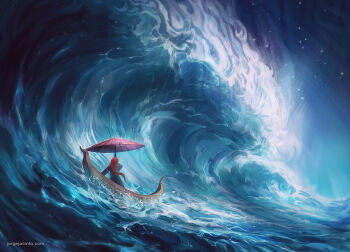 1girl blue_theme boat commentary english_commentary from_behind highres jjcanvas long_hair ocean original painterly red_hair scenery sitting sky star_(sky) starry_sky tide umbrella water watercraft watermark waves web_address