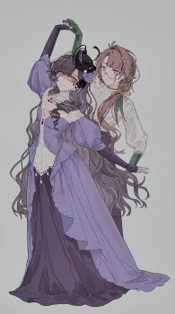 Rule 34 | 2girls, :/, absurdres, arm up, behind another, black flower, black hair, black hat, breasts, brown hair, cleavage, dancing, dress, flower, full body, glasses, gloves, gown, green gloves, grey background, hair flower, hair ornament, hat, highres, holding hands, isolde (reverse:1999), juliet sleeves, kakania (reverse:1999), long dress, long hair, long skirt, long sleeves, looking at viewer, low ponytail, multiple girls, ponytail, puffy sleeves, purple dress, purple eyes, purple flower, reverse:1999, round eyewear, see-through clothes, see-through veil, shirt, skirt, smile, veil, very long hair, waltz (dance), white shirt, xy mt2528
