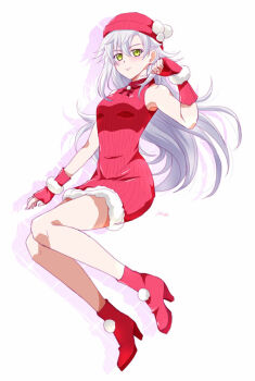 1girl bare_legs boots breasts commentary_request dress eiyuu_densetsu fie_claussell gloves green_eyes hat kuro_no_kiseki_(series) long_hair looking_at_viewer red_boots red_gloves santa_costume santa_dress santa_hat sen_no_kiseki_(series) simple_background small_breasts white_hair xiacheng_tatsuya