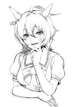 Rule 34 | 1girl, agnes tachyon (umamusume), ahoge, animal ears, blush, bow, bowtie, breasts, commentary request, earrings, greyscale, hair between eyes, horse ears, horse girl, horseshoe ornament, index finger raised, jewelry, long bangs, looking at viewer, medium breasts, monochrome, open mouth, puffy short sleeves, puffy sleeves, sadahiro (chicken nugget gyuuniku aji), sailor collar, sailor shirt, school uniform, shirt, short hair, short sleeves, simple background, single earring, smile, solo, summer uniform, tracen school uniform, umamusume, upper body