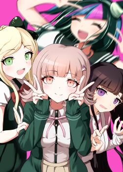 absurdres black_hair blush breasts brown_hair collared_shirt commentary_request danganronpa_(series) danganronpa_2:_goodbye_despair flipped_hair hair_horns hair_ornament highres hood jacket long_hair long_sleeves looking_at_viewer medium_hair mioda_ibuki multicolored_hair nanafuku nanami_chiaki neck_ribbon open_clothes open_jacket open_mouth pink_eyes pink_hair pink_ribbon pleated_skirt ribbon school_uniform shirt short_sleeves skirt smile sonia_nevermind tsumiki_mikan white_hair white_shirt