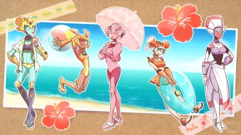 arcee ball beachball blue_eyes blue_sclera colored_sclera colored_skin dark-skinned_female dark_skin elita_one helmet high_heels highres humanoid_robot lickety_split mijinkotail029 multiple_girls one-piece_swimsuit red_alert_(transformers) resized robot sari_sumdac skirt swimsuit transformers transformers_animated umbrella upscaled