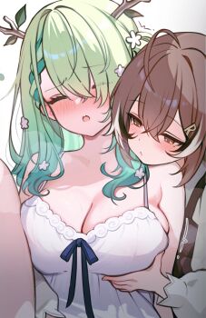 Rule 34 | 2girls, absurdres, alternate costume, antlers, black hair, blush, braid, breasts, brown eyes, brown hair, ceres fauna, cleavage, closed eyes, commentary, english commentary, grabbing another's breast, green hair, grey shirt, groping, hair between eyes, highres, hololive, hololive english, horns, koahri, large breasts, leaf, multicolored hair, multiple girls, nanashi mumei, shirt, streaked hair, sweat, virtual youtuber, white hair, yuri