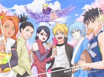 2girls 5boys akimichi_chouchou bag black_arm_warmers black_eyes black_hair black_jacket blonde_hair blue_eyes blue_hair blue_sky blue_vest boruto:_naruto_next_generations cloud commentary_request dark-skinned_female dark_skin earrings facial_tattoo food green_eyes grey_eyes grin hair_bobbles hair_ornament hand_in_pocket highres holding holding_bag holding_food jacket jewelry kawaki_(boruto) matsu_(fu6ide2) mitsuki_(naruto) multicolored_hair multiple_boys multiple_girls naruto_(series) orange_hair paper_bag pink_lips ponytail purple_shorts short_shorts shorts sky smile stud_earrings taiyaki tattoo topknot two-tone_hair two_side_up uchiha_sarada uzumaki_boruto v vest wagashi yamanaka_inojin yellow_eyes yellow_jacket