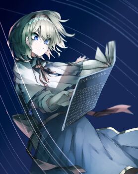 1girl absurdres alice_margatroid blonde_hair blue_background blue_dress blue_eyes blurry book bow capelet closed_mouth collared_dress contrast_collar dress dress_ribbon frilled_capelet frills hair_between_eyes hairband highres holding holding_book large_bow long_dress long_sleeves muraryo one-hour_drawing_challenge outstretched_arm reading red_bow red_hairband red_sash runes sash short_hair sleeve_cuffs solo standing touhou white_capelet