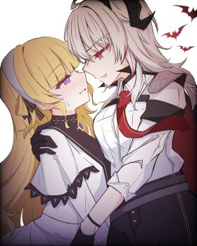 2girls armband black_armband black_gloves black_horns black_pants blonde_hair blush breasts commentary_request curled_horns eye_contact gloves grey_hair hairband highres horns hug long_hair long_sleeves looking_at_another medium_breasts multicolored_hair multiple_girls necktie no_headwear pants parted_lips phoebe_(wuthering_waves) purple_eyes red_eyes red_necktie shirt shirt_tucked_in streaked_hair sweatdrop white_hairband white_shirt wuthering_waves yuri zani_(wuthering_waves) zero_3b