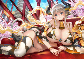1girl animal_ears animal_print antenna_hair bare_shoulders bell bikini blonde_hair blue_eyes blush bracelet breasts cherry_blossoms chinese_zodiac cleavage collar collarbone commentary_request couch cow_ears cow_girl cow_horns cow_print cow_tail cowbell fingernails flipped_hair gradient_horns highleg highleg_bikini highres horns huge_breasts jacket japanese_clothes jewelry looking_at_viewer lying mole mole_on_breast multicolored_horns navel neck_bell o-ring o-ring_top on_side original parted_lips ran'ou_(tamago_no_kimi) shawl short_hair sidelocks skindentation solo string_bikini stuffed_animal stuffed_toy swimsuit tail thighhighs tower tree year_of_the_ox