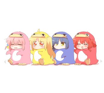 4girls :d ^_^ ahoge animal_costume blonde_hair blue_hair blush bocchi_the_rock! chibi chibi_only closed_eyes commentary_request cube_hair_ornament gotoh_hitori hair_ornament ijichi_nijika kessoku_band kita_ikuyo long_hair multiple_girls no_mouth one_side_up open_mouth penguin_costume pink_hair rebecca_(keinelove) red_eyes red_hair short_hair smile sweatdrop yamada_ryo yellow_eyes