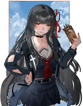 Rule 34 | 1girl, absurdres, arm cutout, black choker, black hair, black jacket, black serafuku, black shirt, black skirt, breasts, bright pupils, chisa (wuthering waves), choker, clothing cutout, collarbone, commentary, cowboy shot, food, hair ribbon, happypuppy, highres, holding, holding food, holding pocky, jacket, long hair, long sleeves, looking at viewer, medium breasts, neckerchief, pocky, red eyes, red neckerchief, red ribbon, ribbon, sailor collar, school uniform, serafuku, shirt, skirt, smile, solo, very long hair, white pupils, white sailor collar, wuthering waves