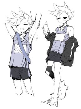 Rule 34 | 1boy, alternate costume, animification, bad id, bad twitter id, black jacket, black shorts, blue tank top, boots, bottle, commentary request, drink, eddsworld, full body, highres, holding, holding bottle, holding drink, hollow eyes, inactive account, jacket, jewelry, male focus, multiple views, nana (ebitokanimiso), necklace, open clothes, open jacket, painttool sai (medium), partially colored, short hair, shorts, simple background, sketch, spiked hair, sportswear, stretching, sweat, tank top, tom (eddsworld), white background