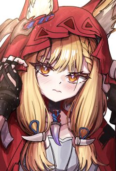 1girl absurdres animal_ears arknights arknights:_endfield black_gloves blonde_hair blush braid braided_bangs breasts closed_mouth commentary ears_through_hood fingerless_gloves flareza gloves hands_up highres hood hood_up hooded_jacket jacket looking_at_viewer orange_eyes red_jacket rossi_(arknights) small_breasts solo upper_body