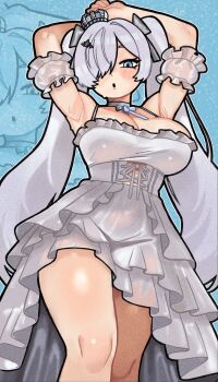 Rule 34 | 1girl, :o, armpits, arms up, blue eyes, breasts, champchidi, choker, cinderella (glass princess) (nikke), cinderella (nikke), cleavage, commission, crown, detached sleeves, dress, feet out of frame, film grain, frilled dress, frilled sleeves, frills, full body, goddess of victory: nikke, hair over one eye, highres, large breasts, light blush, long hair, looking at viewer, mini crown, official alternate costume, parted lips, silver crown, solo, twintails, very long hair, white dress, white hair