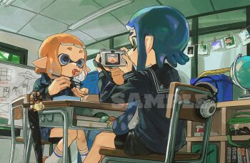 Rule 34 | 2girls, black shorts, black skirt, blue eyes, blue hair, blue sailor collar, blue shirt, camera, chair, chopsticks, classroom, closed umbrella, commentary, desk, eating, food, food art, food in mouth, green eyes, green jacket, highres, holding, holding camera, holding chopsticks, holding with chopsticks, inkling, inkling girl, inkling player character, jacket, long hair, long sleeves, medium hair, miko (15476997), mouth hold, multiple girls, nintendo, on chair, orange hair, pointy ears, sailor collar, school chair, school desk, school uniform, serafuku, shirt, shorts, shorts under skirt, sitting, skirt, socks, splatoon (series), symbol-only commentary, taking shelter, tako-san wiener, tentacle hair, umbrella, white socks
