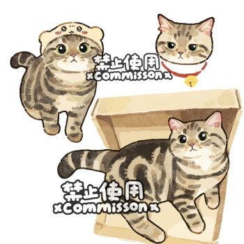 animal animal_focus artist_name bell box cat chiikawa commission dragon_li_cat green_eyes hat looking_at_viewer lying multiple_views neck_bell no_humans original square striped_fur usagi_(chiikawa) watermark whiskers white_background xiao_bo_kuai_kuai
