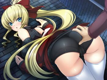 1boy 1girl :o against_wall ass bare_shoulders bent_over black_shorts black_sweater blonde_hair blue_eyes blush bow breasts brick_wall casual cowboy_shot detached_sleeves dutch_angle floating_hair from_behind game_cg grabbing_another&#039;s_ass groping hair_between_eyes hair_bow hetero high_ponytail inoino jacket kouyoku_senki_exs-tia large_breasts large_variant_set long_hair long_sleeves looking_at_viewer looking_back night non-web_source off_shoulder official_art open_clothes open_jacket open_mouth outdoors ponytail red_bow red_jacket ribbed_sweater rieszverne_suzette_paladill short_shorts shorts sidelocks sleeveless sleeveless_sweater sleeveless_turtleneck sleeves_past_wrists solo_focus sweater thigh_gap thighhighs turtleneck turtleneck_sweater variant_set very_long_hair white_thighhighs