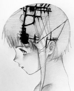 1girl close-up closed_mouth from_side greyscale hair_ornament highres iwakura_lain kansouki monochrome power_lines serial_experiments_lain short_hair simple_background solo upper_body x_hair_ornament