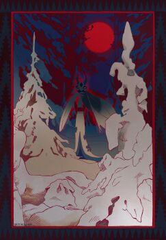 absurdres closed_mouth froslass full_body full_moon gen_4_pokemon highres horns looking_at_viewer mega_froslass mega_pokemon moon night night_sky nintendo no_humans okto_(oktorisuyet) outdoors pokemon pokemon_(creature) pokemon_focus red_eyes red_moon sky snow solo tree