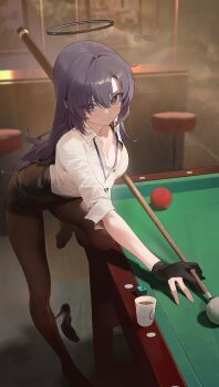 1girl absurdres alternate_costume alternate_hairstyle ball billiard_ball billiard_chalk billiards black_halo black_pantyhose black_shoes blue_archive blue_eyes breasts cleavage commentary cue_stick cup disposable_cup gloves halo high_heels highres holding holding_cue_stick id_card indoors lanyard long_hair looking_at_viewer mechanical_halo medium_breasts millennium_science_school_logo modare pantyhose partially_fingerless_gloves playing_sports pool_table purple_hair shoes smile solo standing table yuuka_(blue_archive)