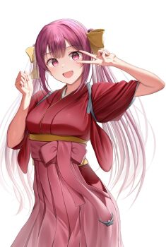 1girl alternate_hairstyle blush bow breasts commentary_request hair_bow hair_ribbon hakama hakama_skirt highres ibk_chii japanese_clothes kamikaze_(kancolle) kantai_collection kimono long_hair looking_at_viewer meiji_schoolgirl_uniform open_mouth pink_hakama purple_eyes purple_hair red_kimono ribbon skirt smile solo television twintails white_background yellow_bow