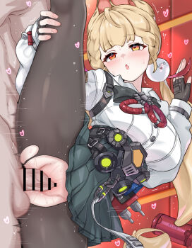 1boy 1girl :o absurdres alice_thymefield animal_ears bar_censor black_skirt blonde_hair blush breasts censored daram_(shappydude) fingerless_gloves gloves hair_ornament hand_on_own_leg heart hetero heterochromia highres indoors large_breasts large_variant_set long_hair orange_eyes pantyhose penis pleated_skirt red_eyes sex shirt skirt sphere_hair_ornament split standing standing_on_one_leg standing_sex standing_split sweat torn_clothes torn_pantyhose vaginal variant_set white_shirt zenless_zone_zero