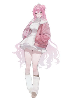 1girl absurdres alternate_costume dorothy_(nikke) dress eoboong full_body goddess_of_victory:_nikke hair_bun highres jacket pink_hair pink_jacket purple_eyes simple_background single_side_bun smile solo sweater sweater_dress white_background