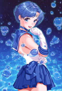 1girl absurdres arion_canvas bishoujo_senshi_sailor_moon blue_choker blue_eyes blue_hair blue_sailor_collar blue_skirt bow choker elbow_gloves gloves highres jewelry looking_at_viewer looking_back magical_girl mizuno_ami sailor_collar sailor_mercury sailor_senshi_uniform short_hair skirt smile solo tiara white_gloves