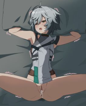 1girl absurdres aftersex anus bed blush bottomless bracelet breasts brown_eyes cum cumdrip dark-skinned_male dark_skin donezo g11_(girls&#039;_frontline) girls&#039;_frontline girls&#039;_frontline_2:_exilium grey_hair heart highres jewelry lying mechty_(girls&#039;_frontline) navel open_mouth penis pillow pussy sex short_hair sleepy sleeveless spread_legs straps sweat zipper