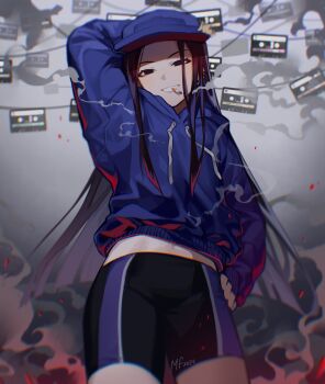 1girl 2024 :d arm_behind_head black_eyes black_hair black_shorts blue_hat blue_hoodie blunt_ends blurry blurry_background cassette_girl_(taikodon) chromatic_aberration cigarette commentary depth_of_field drawstring english_commentary friday_night_funkin&#039; from_below grey_background grin hand_on_own_hip hat highres hood hood_down hoodie long_hair long_sleeves looking_at_viewer mary_felizola midriff_peek mouth_hold navel no_pupils open_mouth puffy_long_sleeves puffy_sleeves shorts sidelocks signature simple_background smile smoke solo straight_hair v-shaped_eyebrows very_long_hair