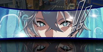 ! 1boy artist_name blue_eyes bubble commentary english_commentary eye_focus game_screenshot_background glowing glowing_eyes grey_hair hair_between_eyes highres kurimako looking_at_viewer male_focus persona reflection scene_reference screenshot_background short_hair solo wise_(zenless_zone_zero) zenless_zone_zero