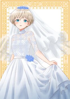 1girl alternate_costume blonde_hair blue_eyes breasts bridal_veil bride commentary_request dress highres kantai_collection mikeneko_2828 short_hair small_breasts solo veil white_dress z1_leberecht_maass_(kancolle)