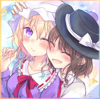 Rule 34 | 2girls, ;|, black hat, blonde hair, blush, bow, brown hair, collar, commentary request, dress, frilled collar, frills, hair bow, hat, hat bow, long sleeves, maribel hearn, medium hair, mob cap, multiple girls, necktie, one eye closed, open mouth, purple dress, purple eyes, red necktie, red ribbon, ribbon, ribbon-trimmed collar, ribbon trim, shirt, teruteruyohou, touhou, usami renko, white bow, white hat, white shirt